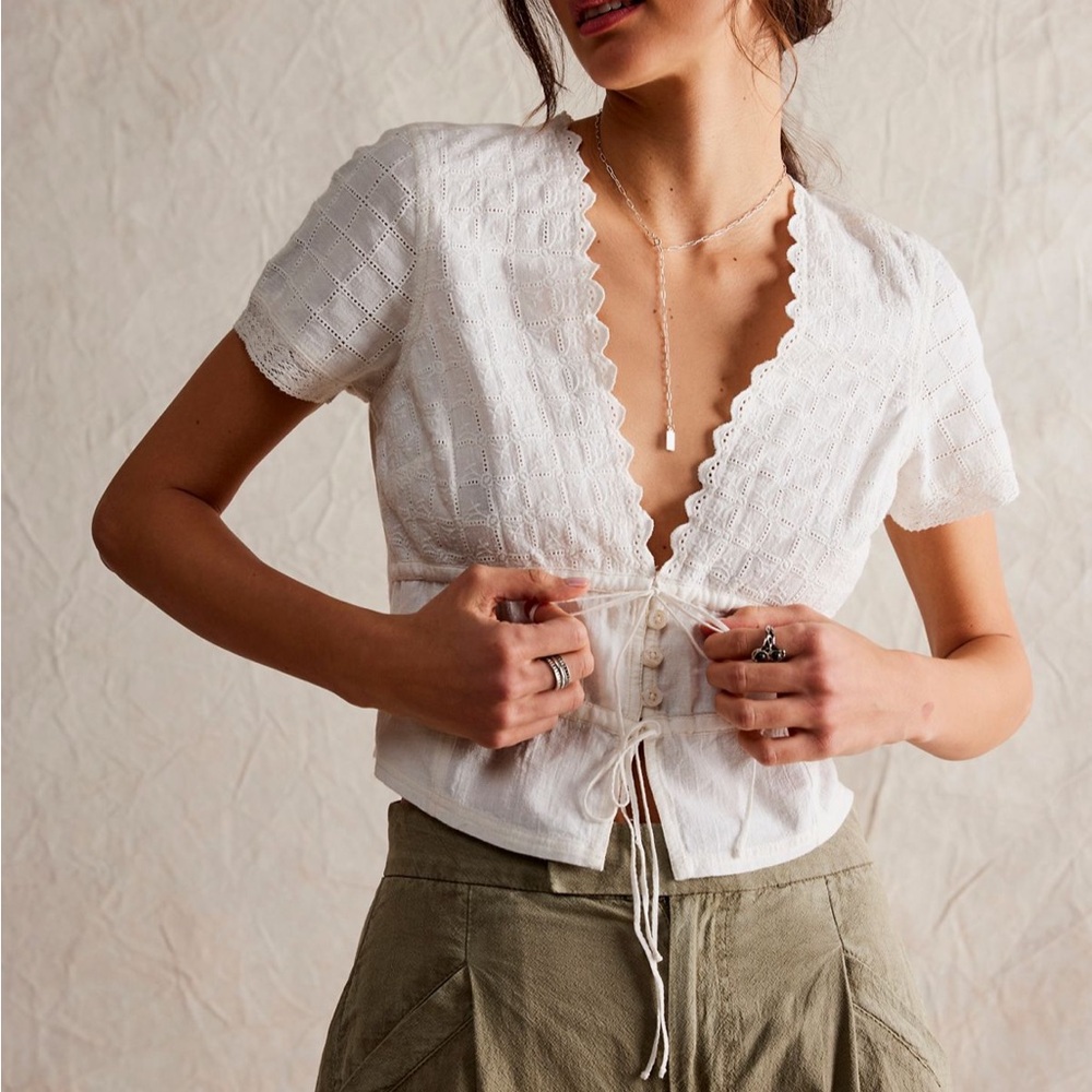 Free People White Eyelet Tie-Front Blouse